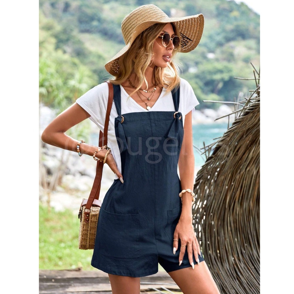 Cotton Navy Blue Short Romper Overalls Tie Straps Front Pockets - Picture 4 of 7